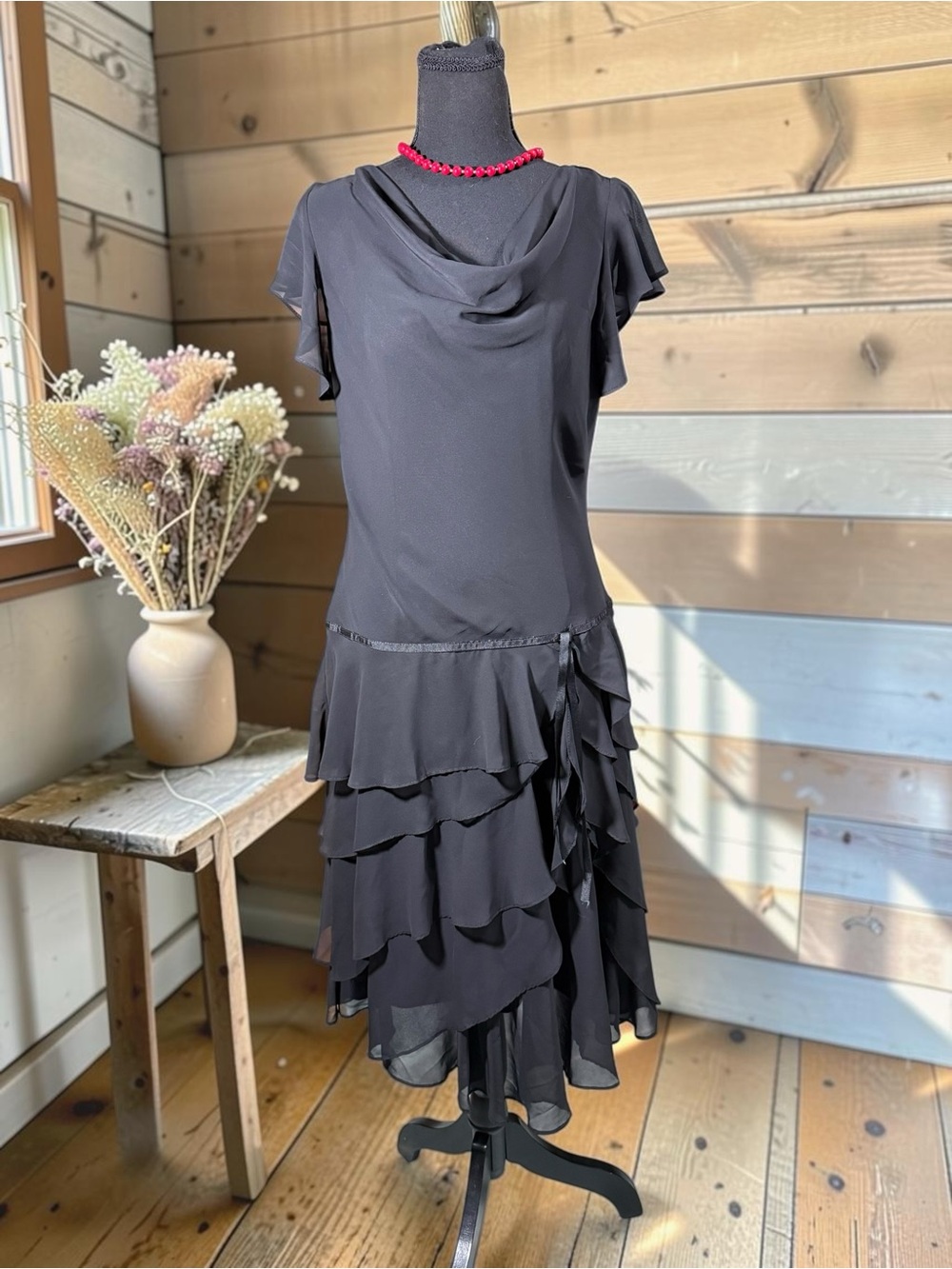 S.L. Fashions Black Cowl-Neck Tiered Ruffle Midi Dress